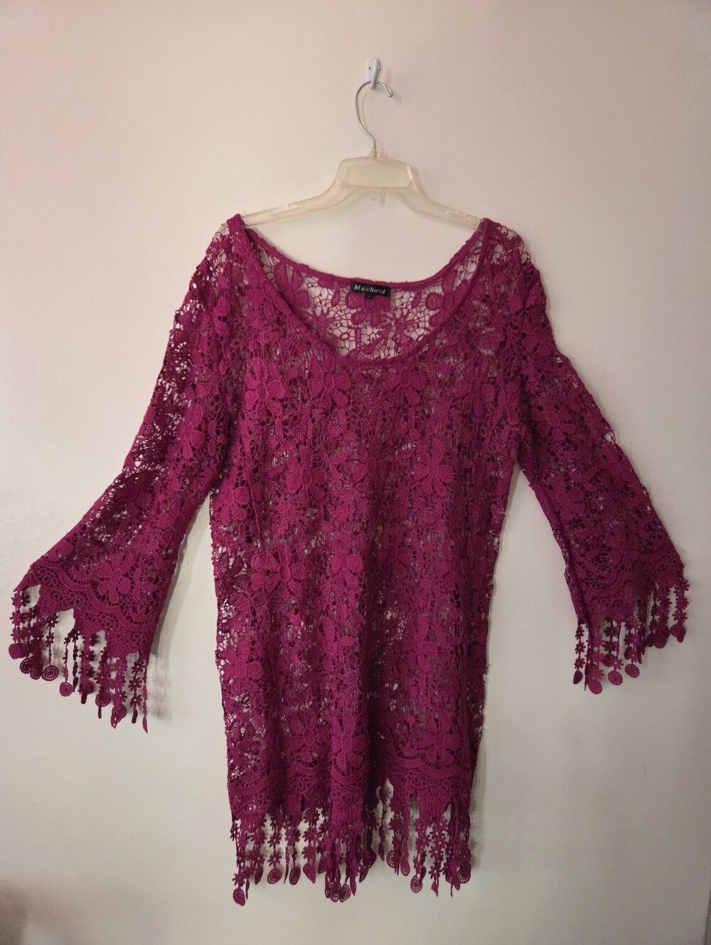 White House Black Market Women's Fuchsia Lace Tunic Top with Fringe